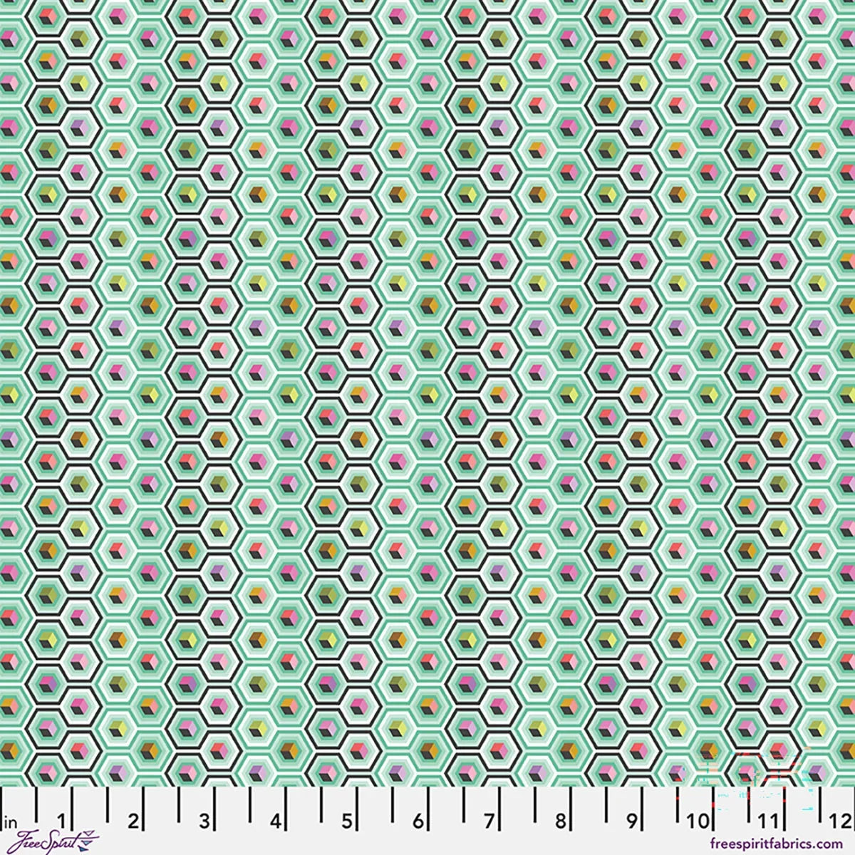 Mint green quilting fabric with repeating hexagon geometric pattern in multicolor outlines