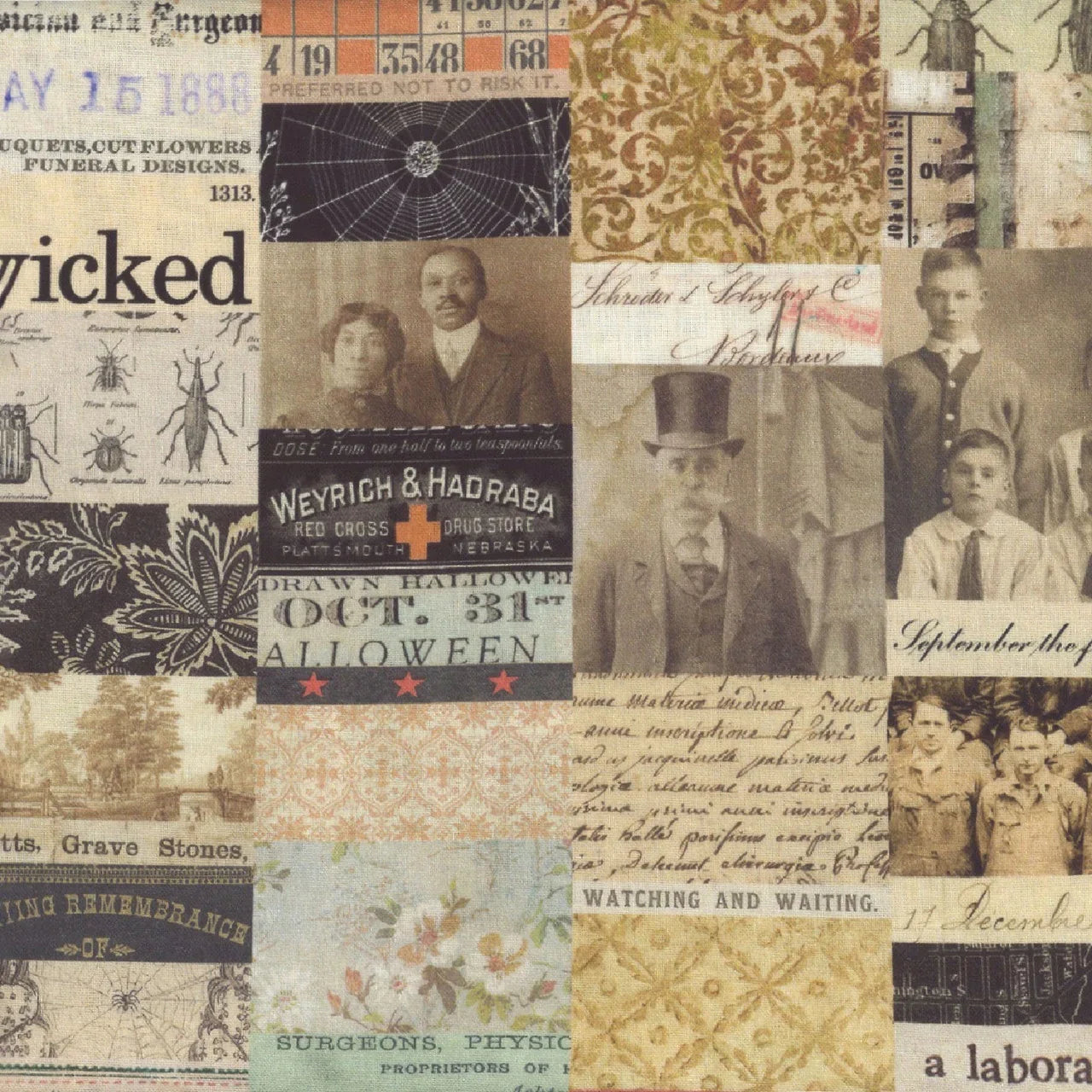 Halloween collage fabric with vintage newspaper-style blocks on cream and dark blue