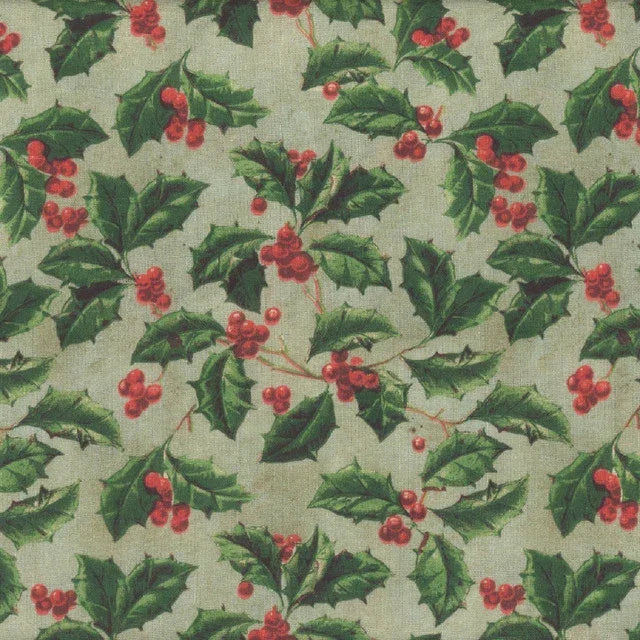 Christmas holly print fabric with green leaves and red berries on light base