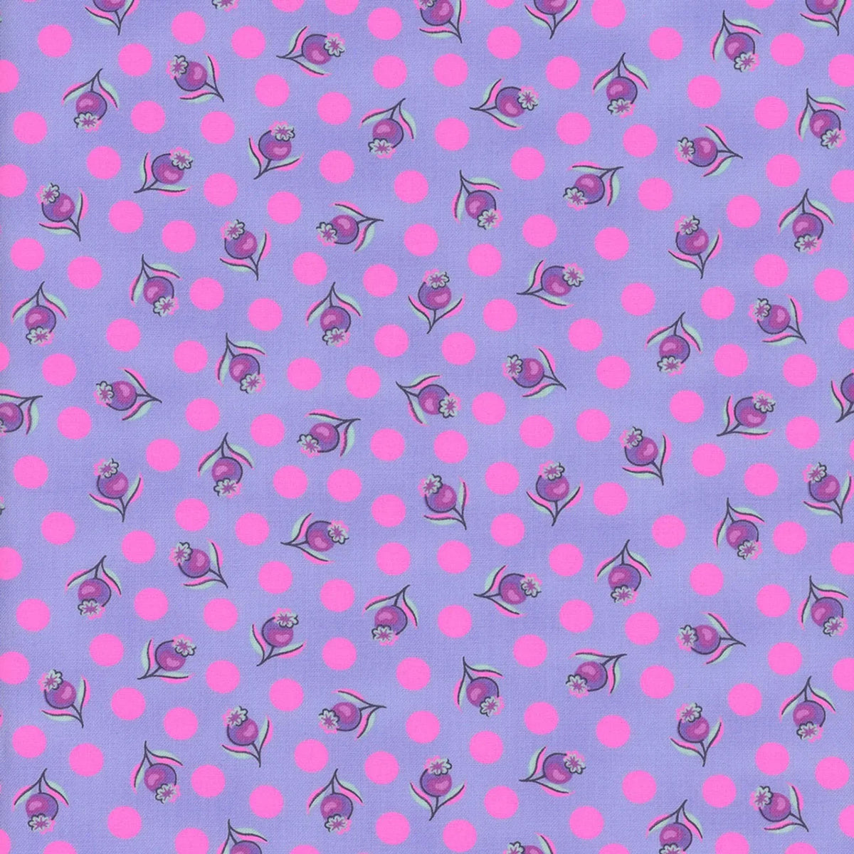 Light purple cotton fabric with pink dots and small purple bird-flower motifs