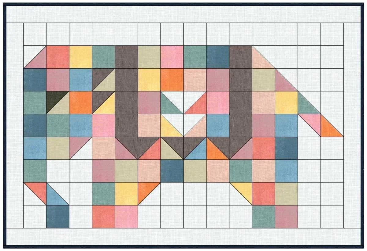 Multicolor patchwork grid quilt with geometric squares and triangles