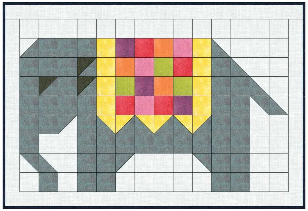 Patchwork quilt grid pattern with multicolor squares, triangles, and gray blocks