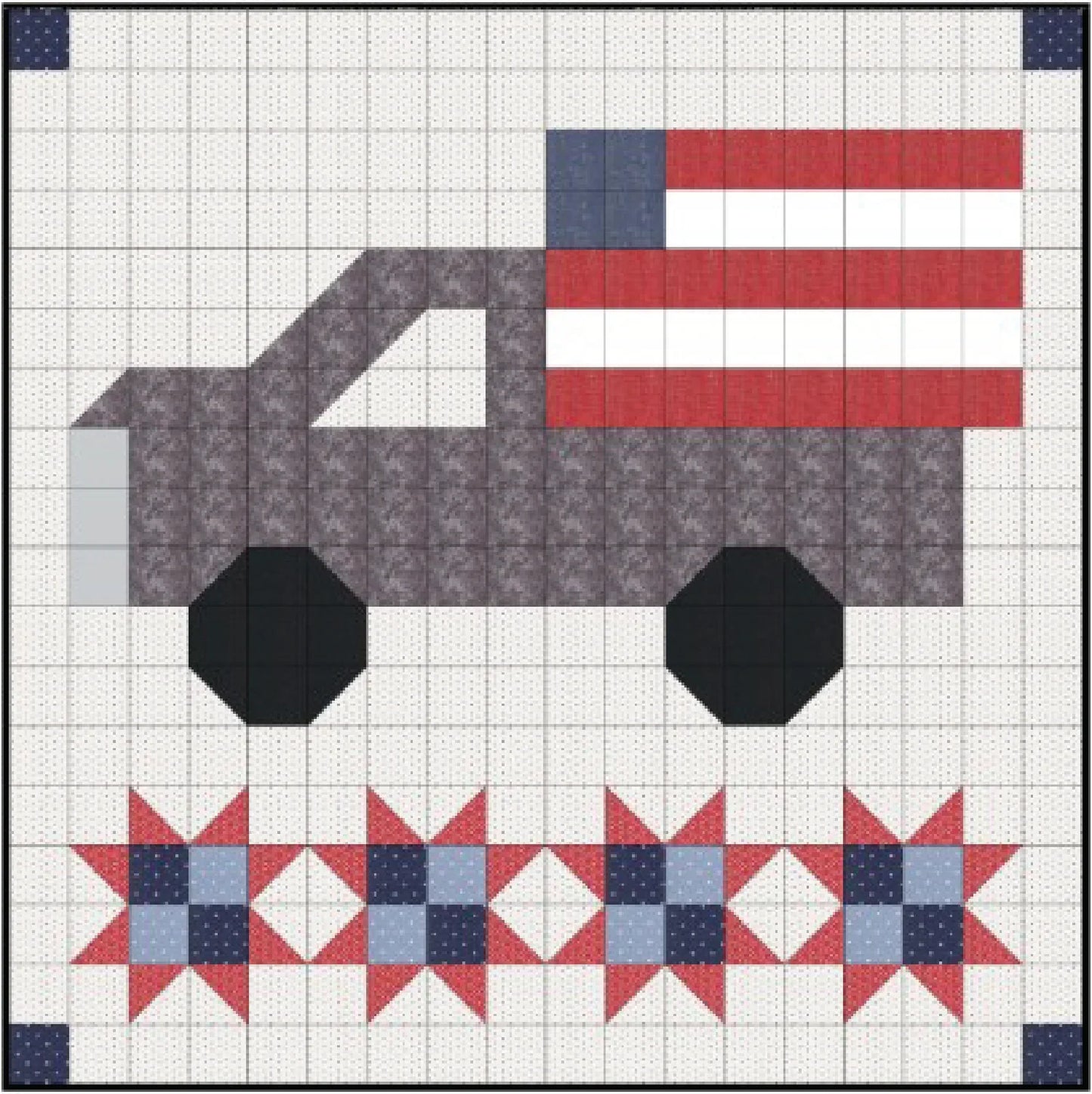 Patchwork quilt square with grid pieced pattern in red, white, gray, and black