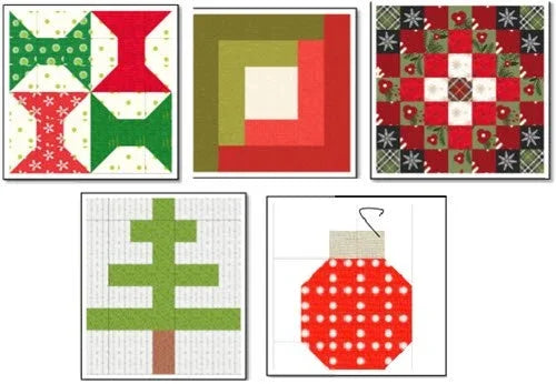 Free easy piecing grid pattern for pincushions and ornaments, showing red and green blocks