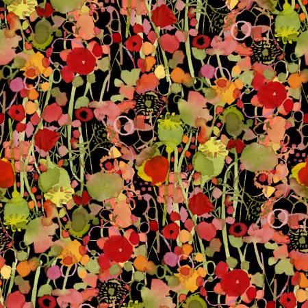 Black floral fruit pattern cotton fabric with multicolor berries and buds.