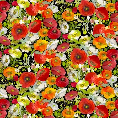 Black floral trellis fabric with colorful poppies and blossoms in red, orange, and white