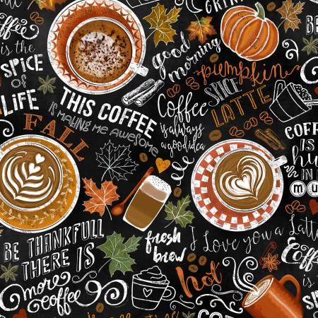 Black coffee-themed fabric with latte cups, pumpkins, and autumn words