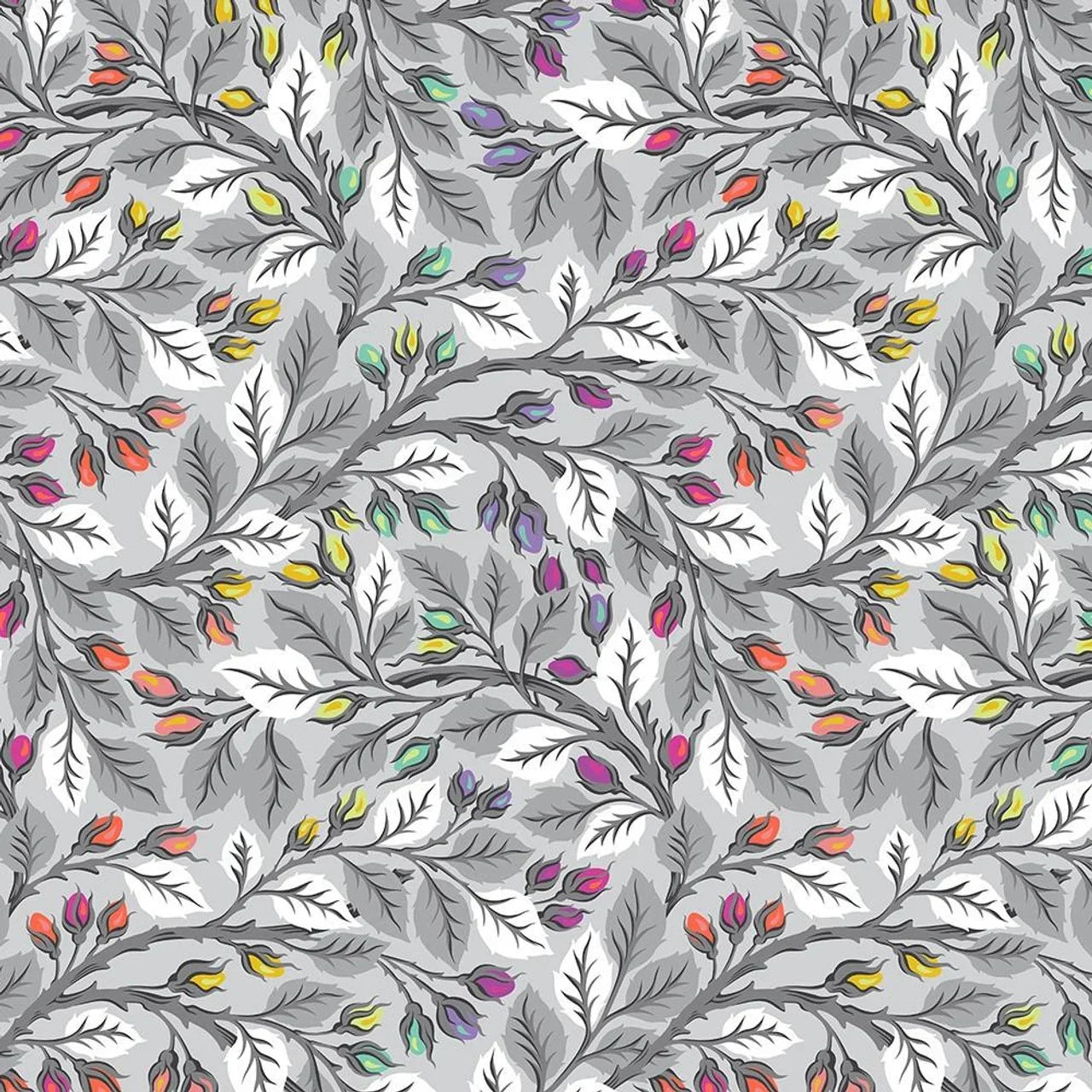Gray fabric with colorful leaf and bird print, 108-inch wide