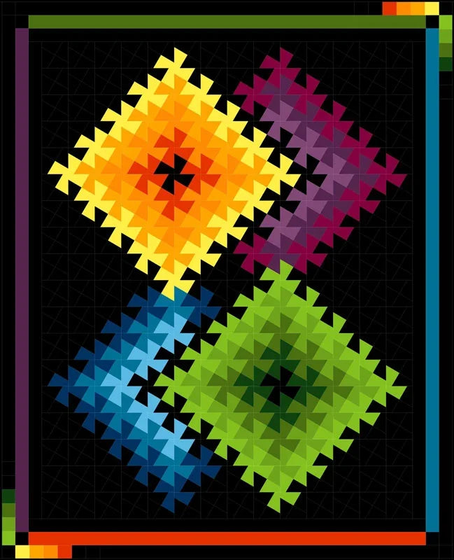 Colorful patchwork quilt with twisting diamond blocks in yellow, orange, purple, and green