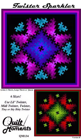 Quilt pattern cover showing purple and multicolor star twist blocks, plus small variant inset