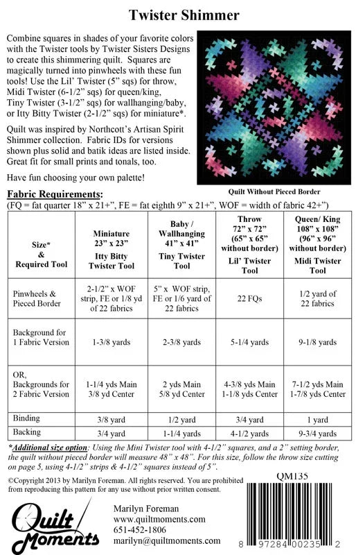 Quilt pattern instruction sheet by Twisted Sisters Designs, Twister Shimmer details