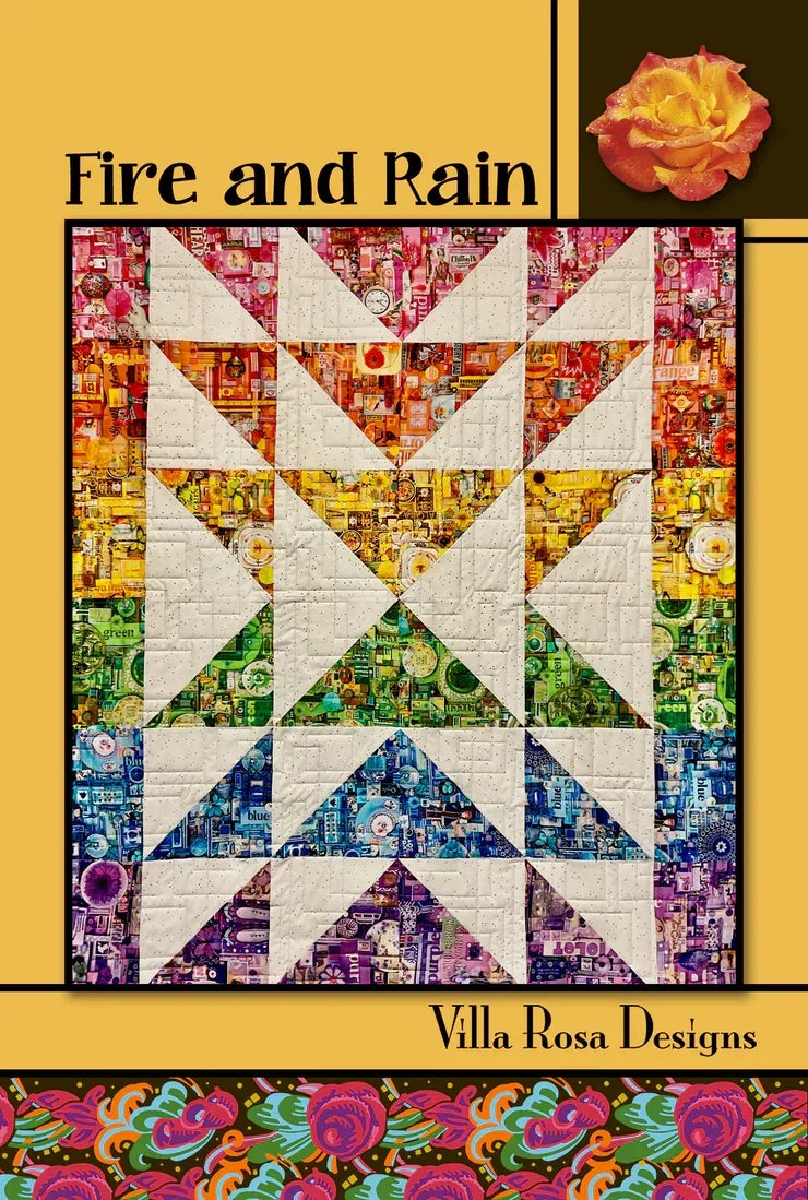 Fire and Rain quilt pattern, multicolor fabric blocks with white X and V shapes