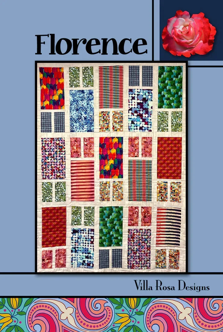 Florence quilt pattern panel with multicolor patchwork blocks on a printed layout