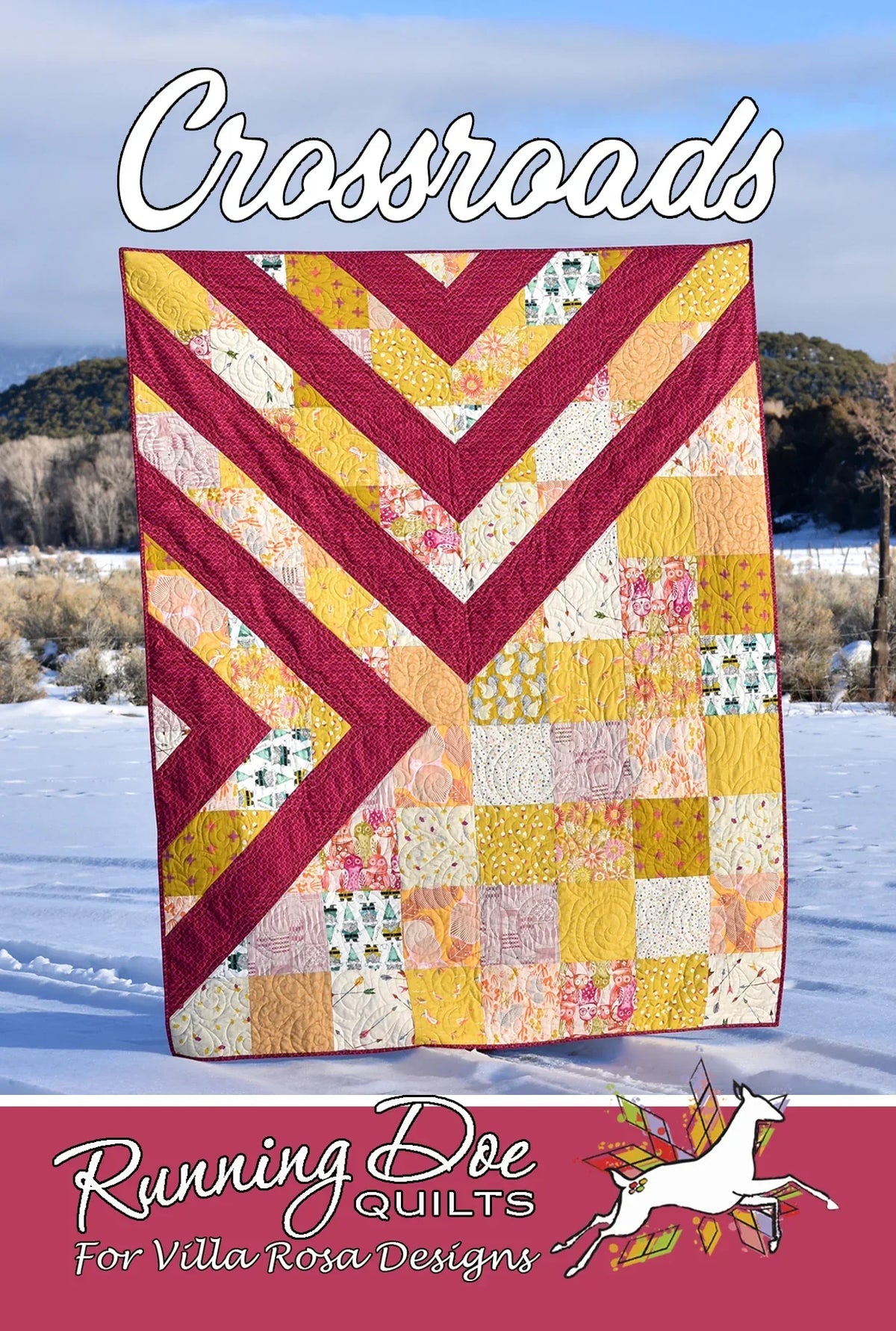 Crossroads quilt pattern featuring multicolor chevron and patchwork blocks