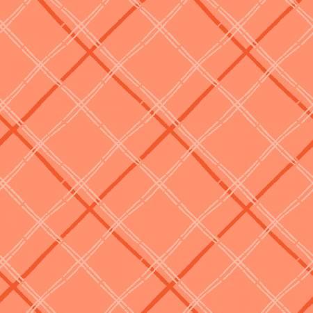 Coral criss-cross plaid fabric with light cross lines, quilting cotton