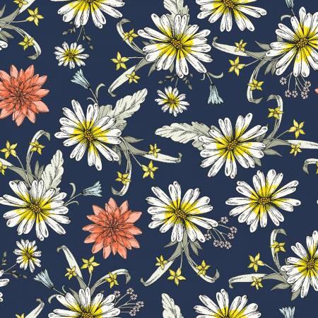 Navy floral fabric with white and yellow daisies and peach accents