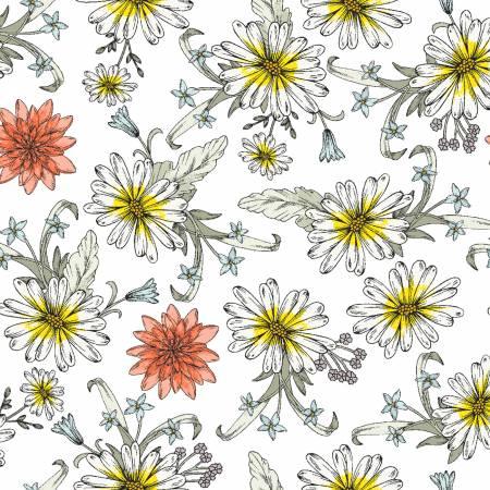 White floral daisy fabric with yellow and coral blooms