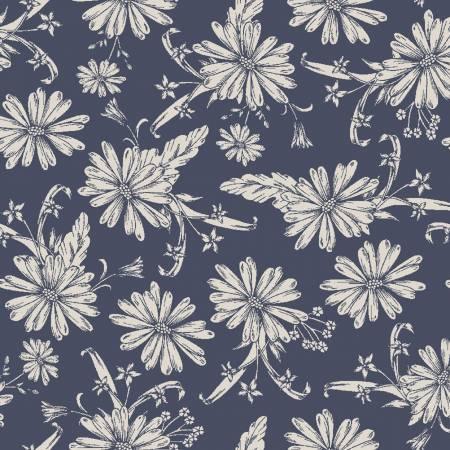 Blue fabric with white doodle daisy floral pattern, scattered all over