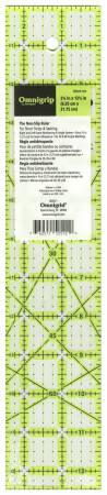 Back of Omnigrid ruler packaging with product label and barcode, neon grid ruler