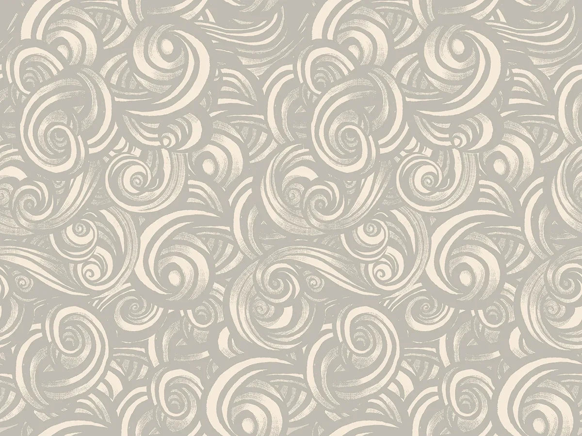 Light gray swirl print fabric with circular spiral motifs