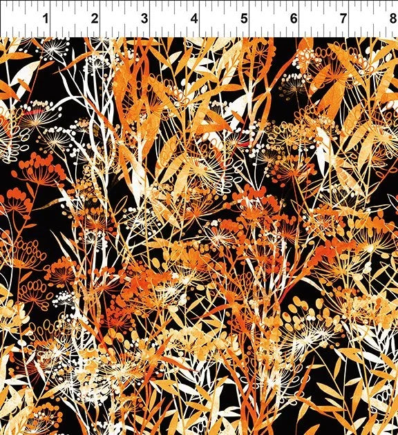 Autumn-themed fabric with dark background, orange and white branching plants and blossoms