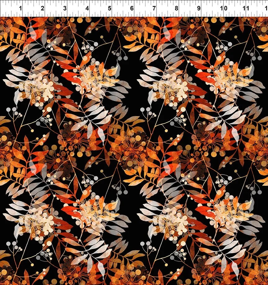 Autumn garden floral fabric with orange, red, and cream leaves and blossoms on dark base