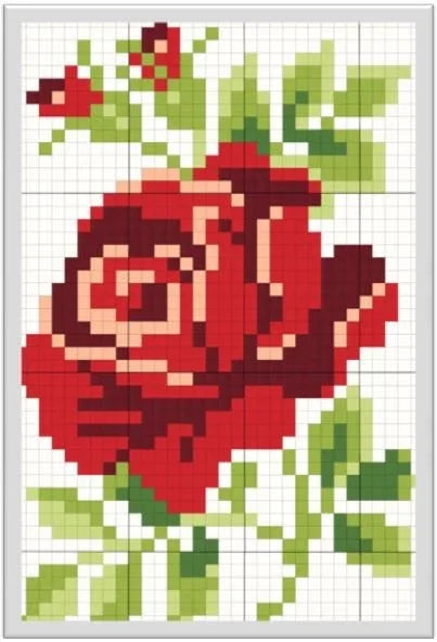 Cross-stitch grid pattern with red rose and green leaves in color blocks