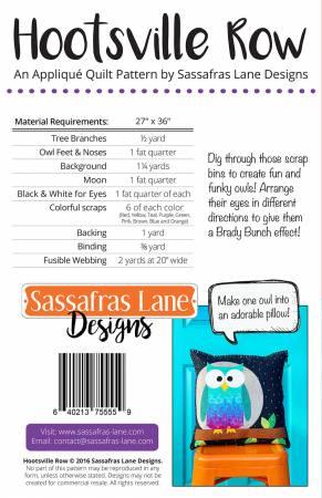 Applique quilt pattern cover with colorful owl block layout and text