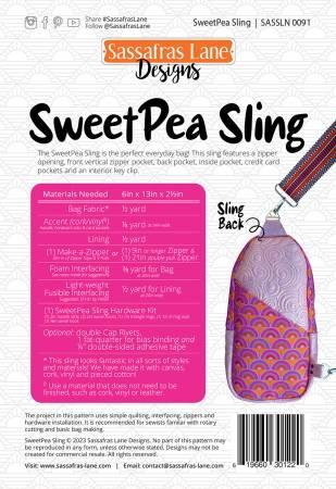 Purple patterned sling bag with drawstring top and crossbody strap