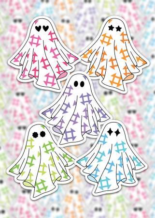 Quilt ghost sticker set of five fabric-pattern ghosts in pink, orange, purple, green, blue