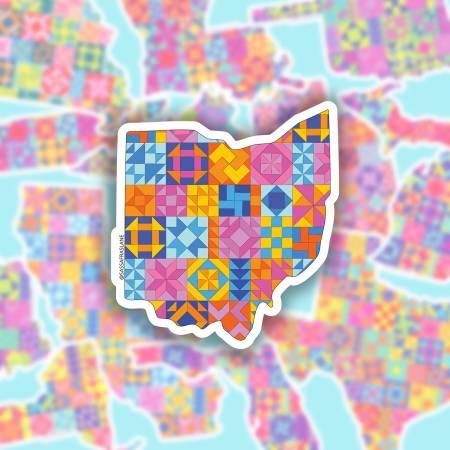 State-shaped quilt pattern sticker with colorful geometric blocks
