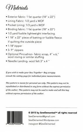 Sew Together Bag pattern materials sheet with measurements and barcode