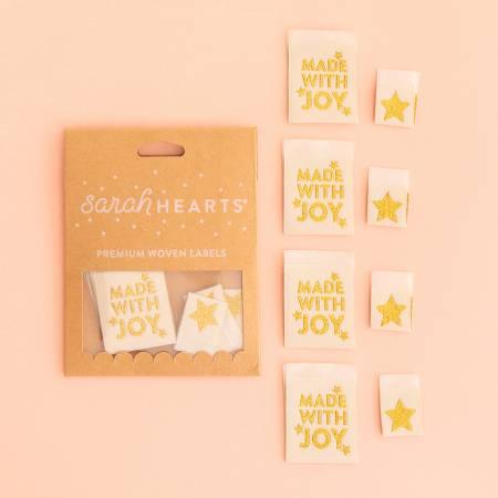 Woven star Christmas gift label set, "Made with Joy", gold on white