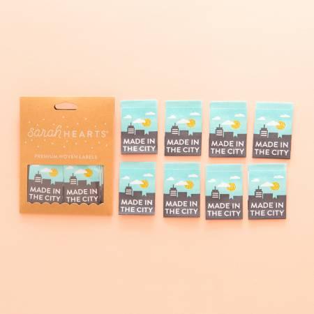 Set of Made in the City Sarah Hearts labels, blue paper tags with text