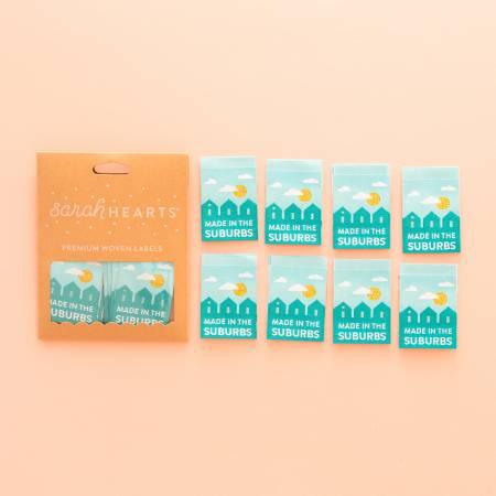 Made in the Suburbs label cards, blue and white, with small house illustrations
