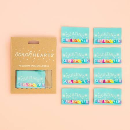 Woven quilting labels with teal 'Quilting Superpower' text