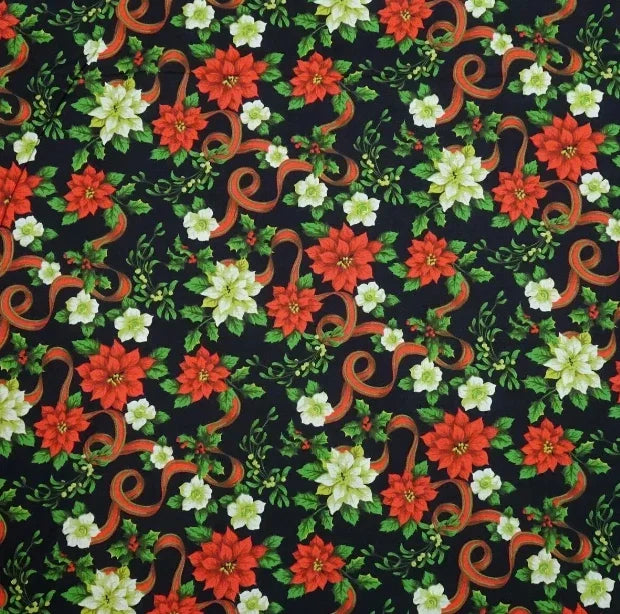 Black holiday floral pattern fabric with red poinsettias, white flowers, and green holly