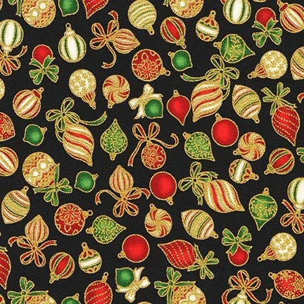 Black cotton fabric with multicolor holiday ornaments and candy-like shapes.