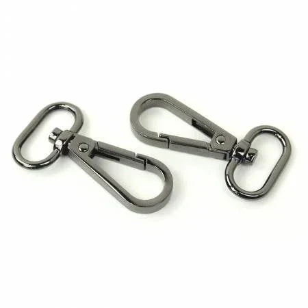 Two 3/4 in gunmetal swivel hooks with carabiner-style latches and D-rings