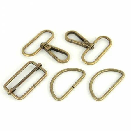 Antique bronze hardware set: D-ring and belt strap adjuster clips