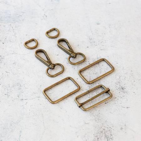 Antique bronze webbing strap hardware kit with clips and rectangular slider buckles