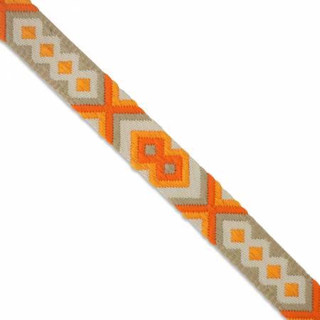 Close-up of orange and gray sunburst webbing trim with diamond cross motifs