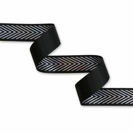Chevron webbing trim folded ends, black with silver zigzag pattern