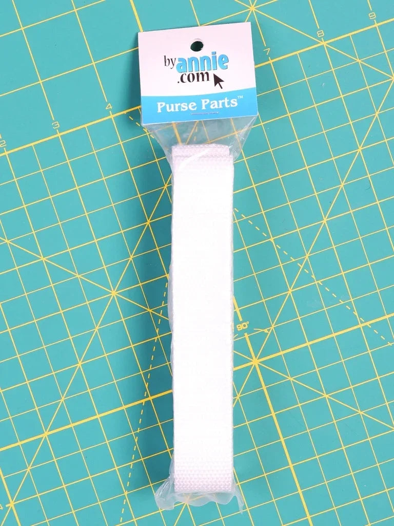 White 1-inch strapping webbing, ByAnnie purse parts package, on card backing