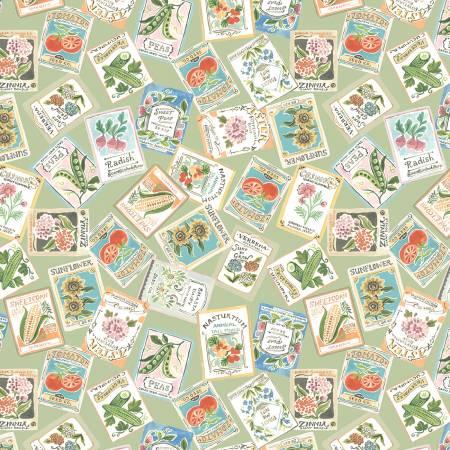 Seed packet print fabric with repeating labels, flowers, and herbs in green and multicolor