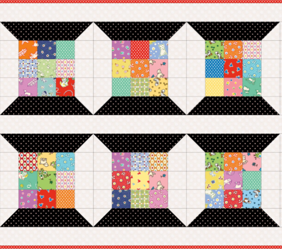 Quilt border panel with scrappy spools patchwork blocks in colorful squares