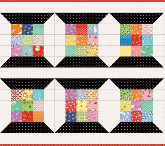 Quilt border panel with scrappy spools patchwork blocks in colorful squares