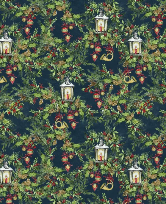 Christmas fabric with repeating holly leaves, lanterns, and red gold ornaments pattern
