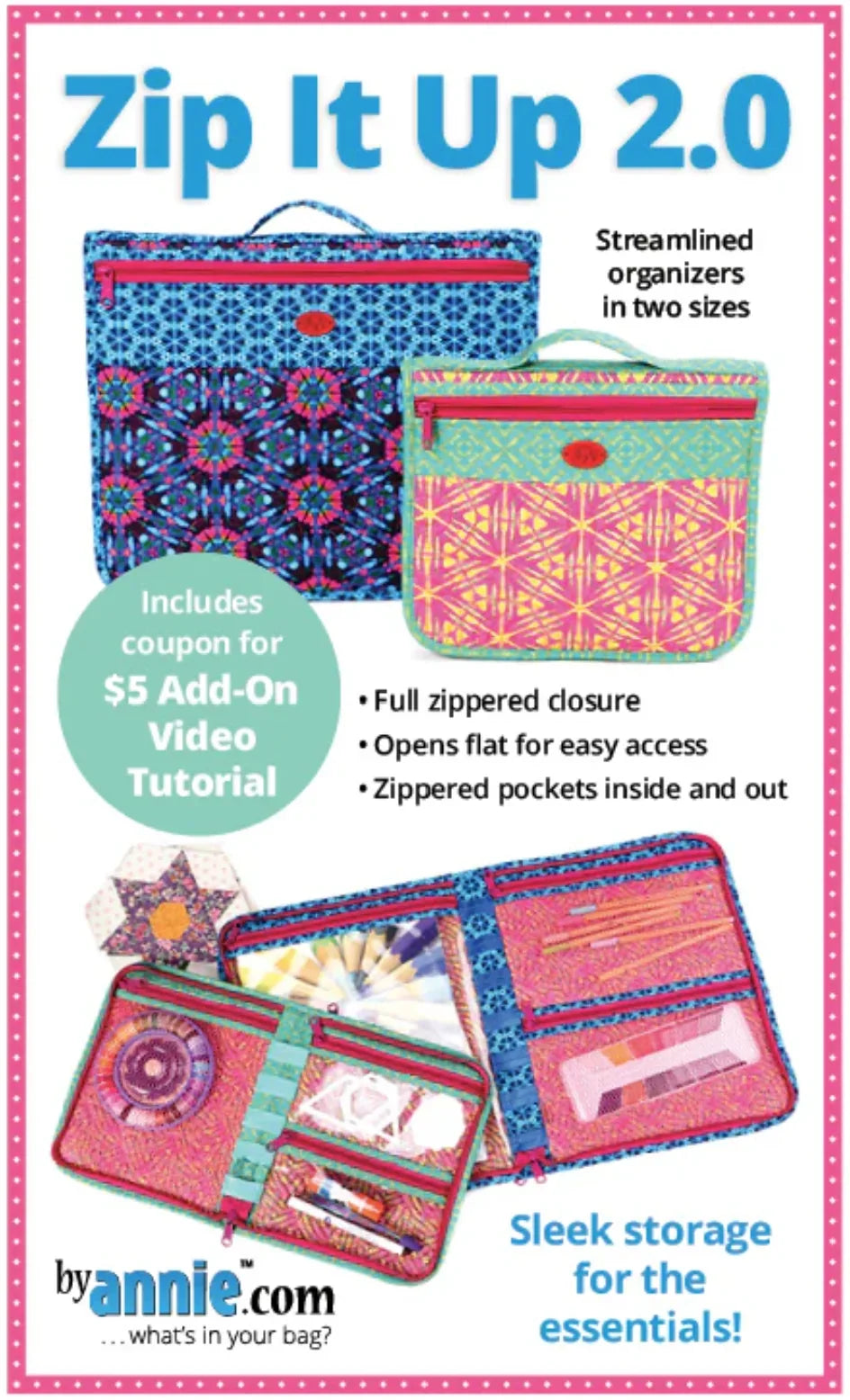 Zip It Up 2.0 pattern featuring two zippered fabric organizers with colorful geometric prints