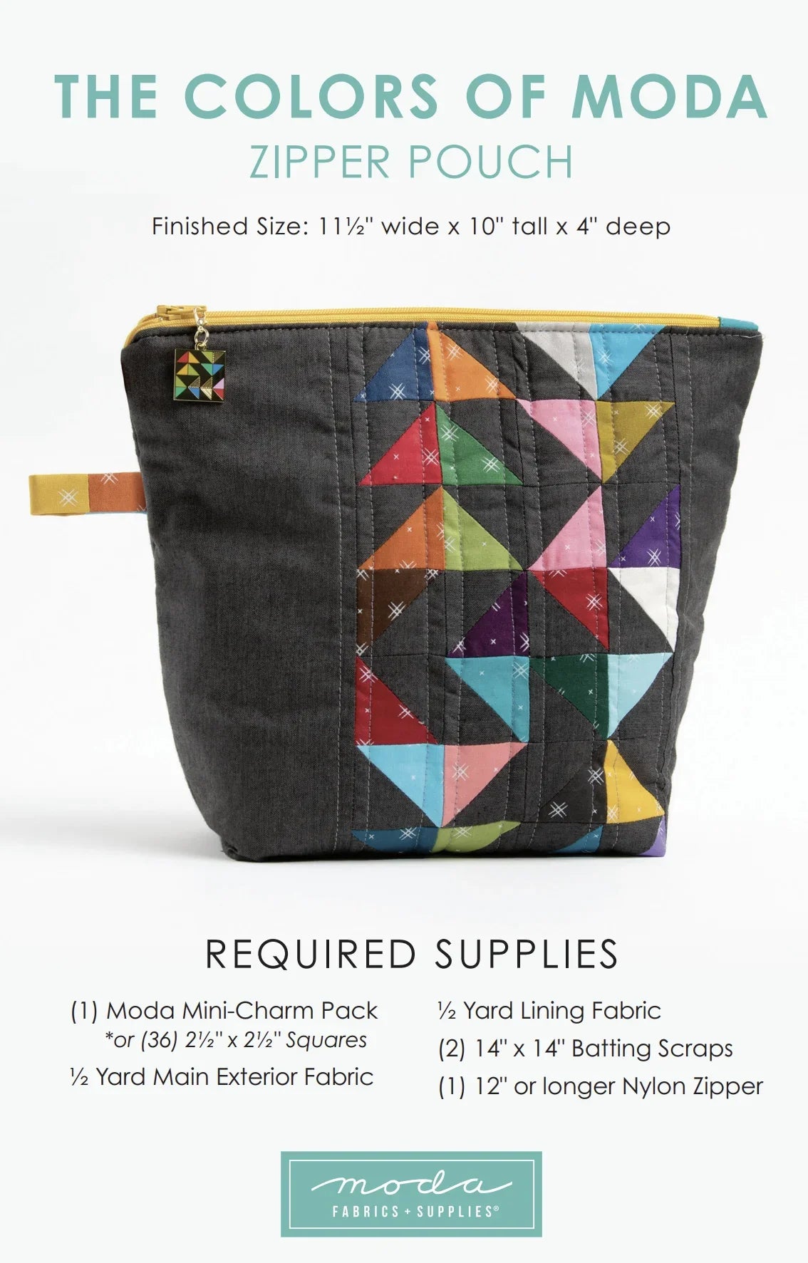 Black zipper pouch with colorful patchwork geometric panel and top zipper closure